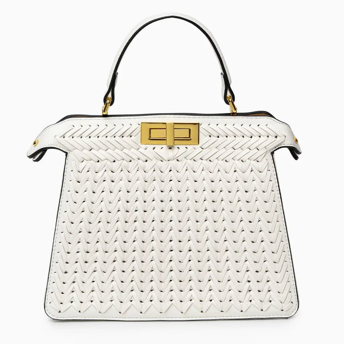 Laurel | Woven Tan Leather Handbag-Handbag-Urban Devyne-White-Urban Devyne