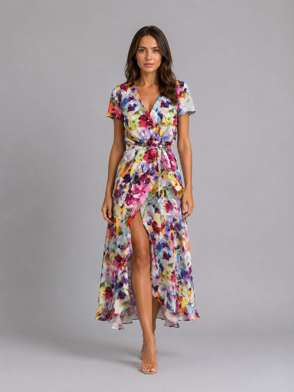 Woman wearing multicolored floral print midi wrap dress with short sleeves, tie waist, and high slit, paired with nude sandals