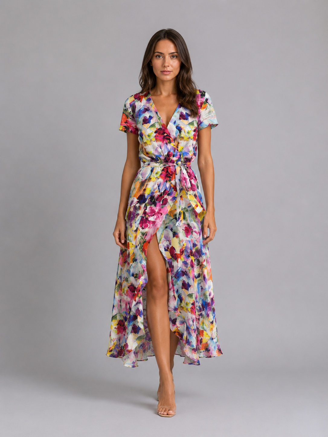 Woman wearing multicolored floral print midi wrap dress with short sleeves, tie waist, and high slit, paired with nude sandals