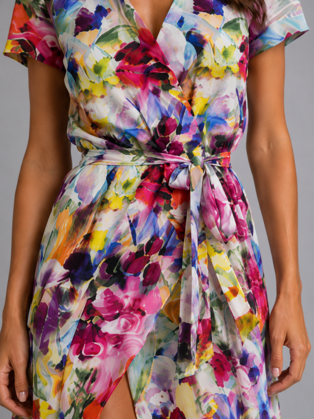 Women's colorful floral midi wrap dress with tie waist in pink, purple, yellow and blue flowers on white background