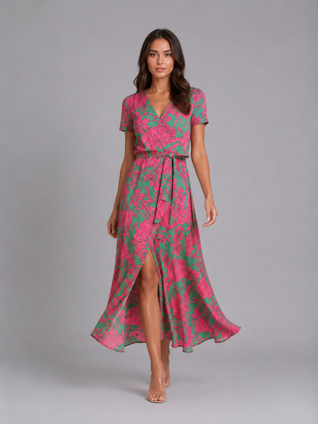 Woman wearing pink and green floral midi wrap dress with tie waist and short sleeves, standing against gray background