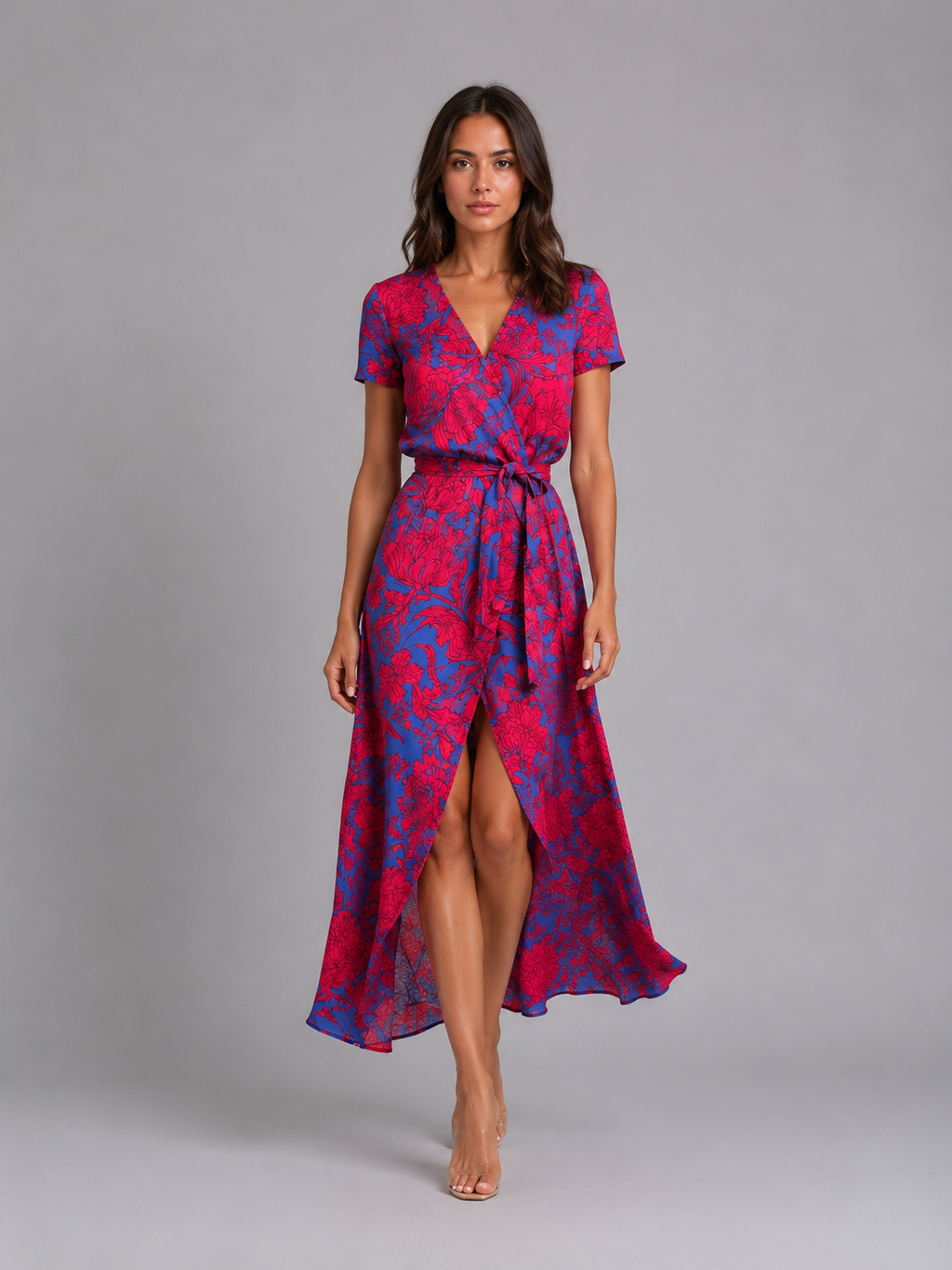 Woman wearing red and blue floral print midi wrap dress with short sleeves and tie waist on gray background