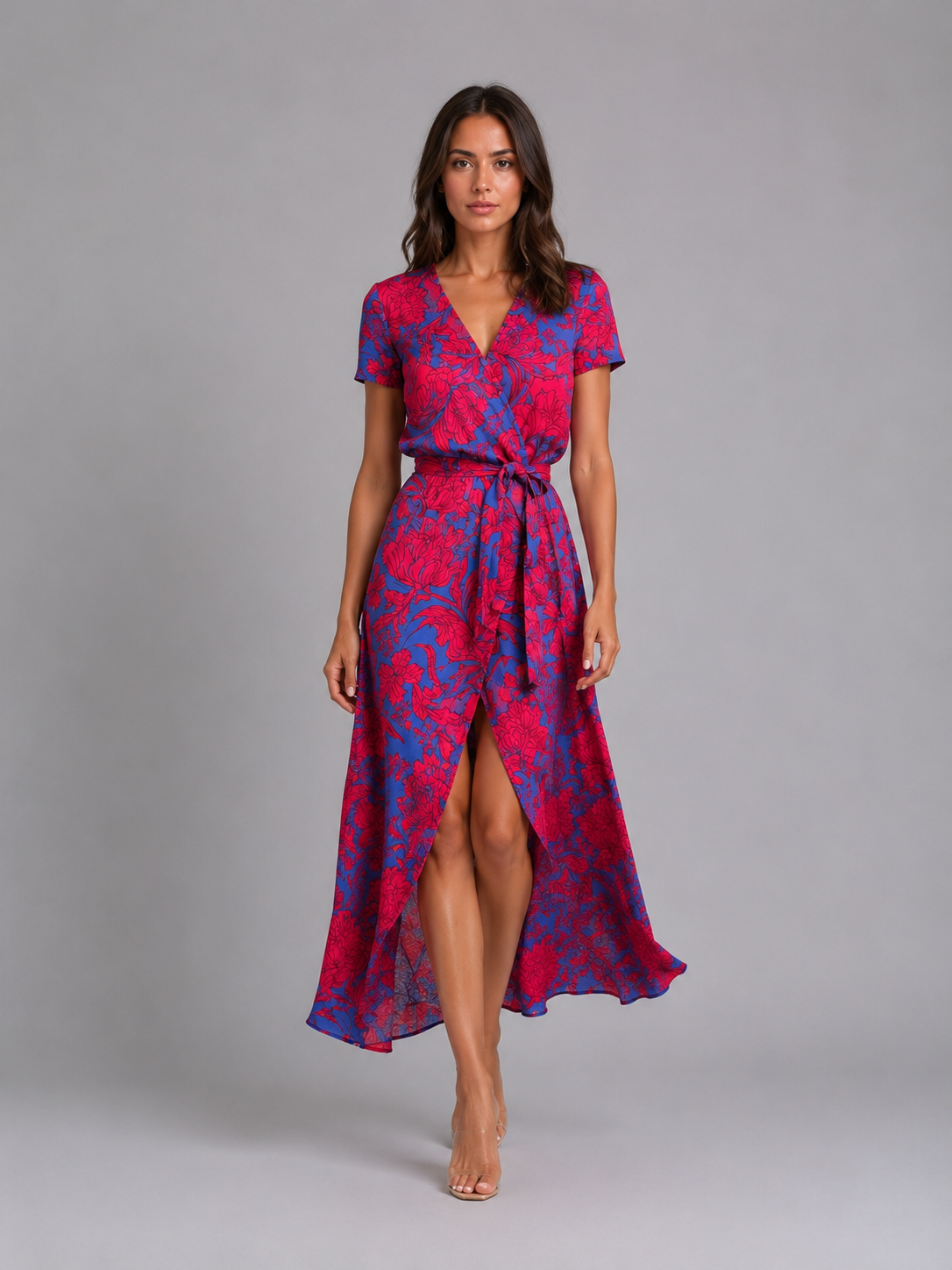 Woman wearing red and blue floral print midi wrap dress with short sleeves and tie waist on gray background
