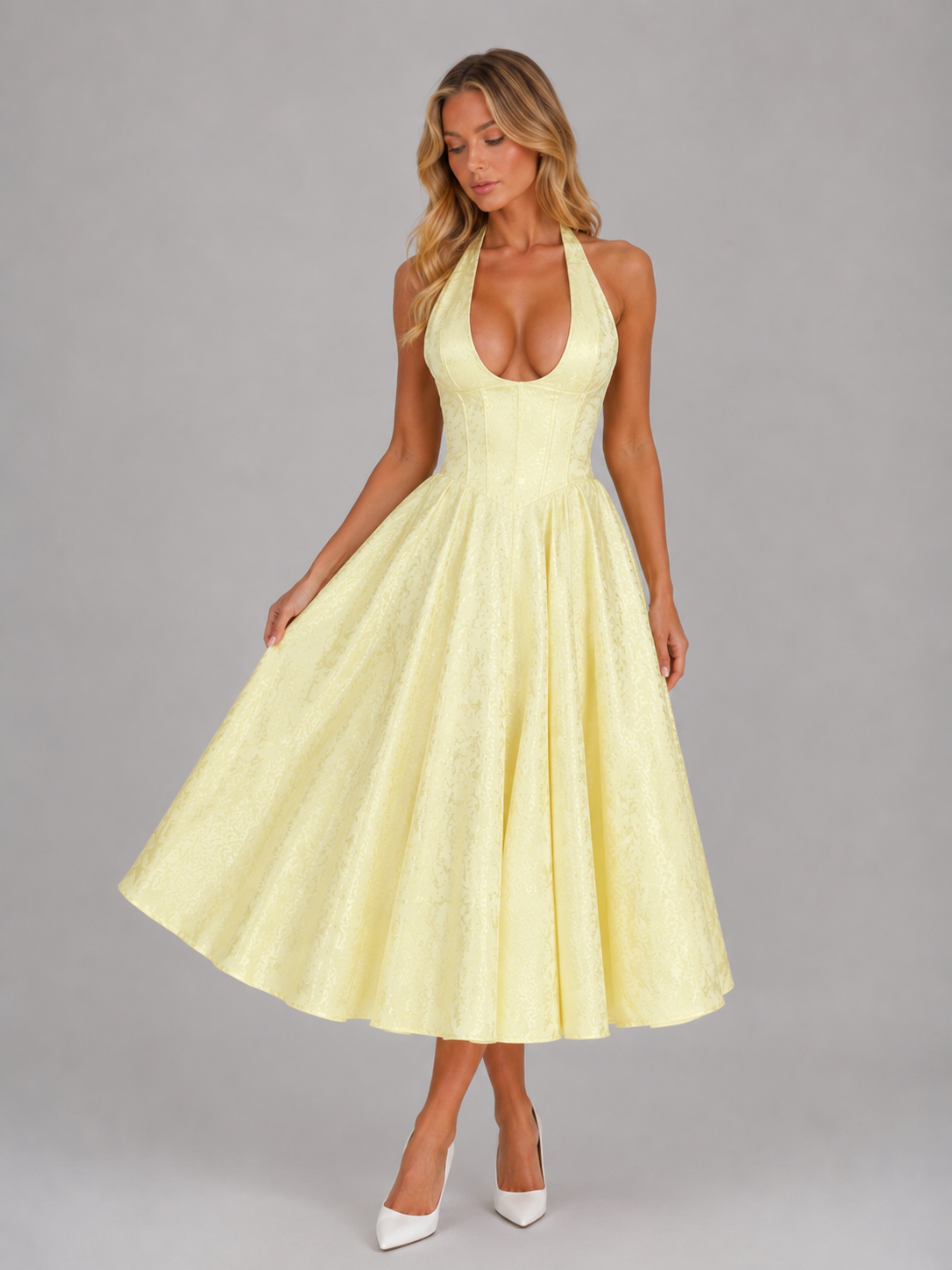 Woman wearing pale yellow jacquard halter midi dress with full skirt and white heels against gray background