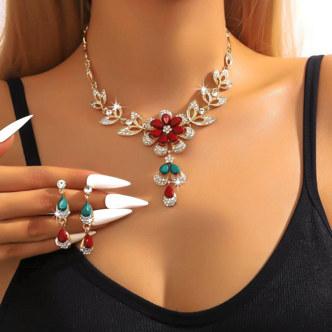Zinnia Floral Diamond Necklace and Earring Set