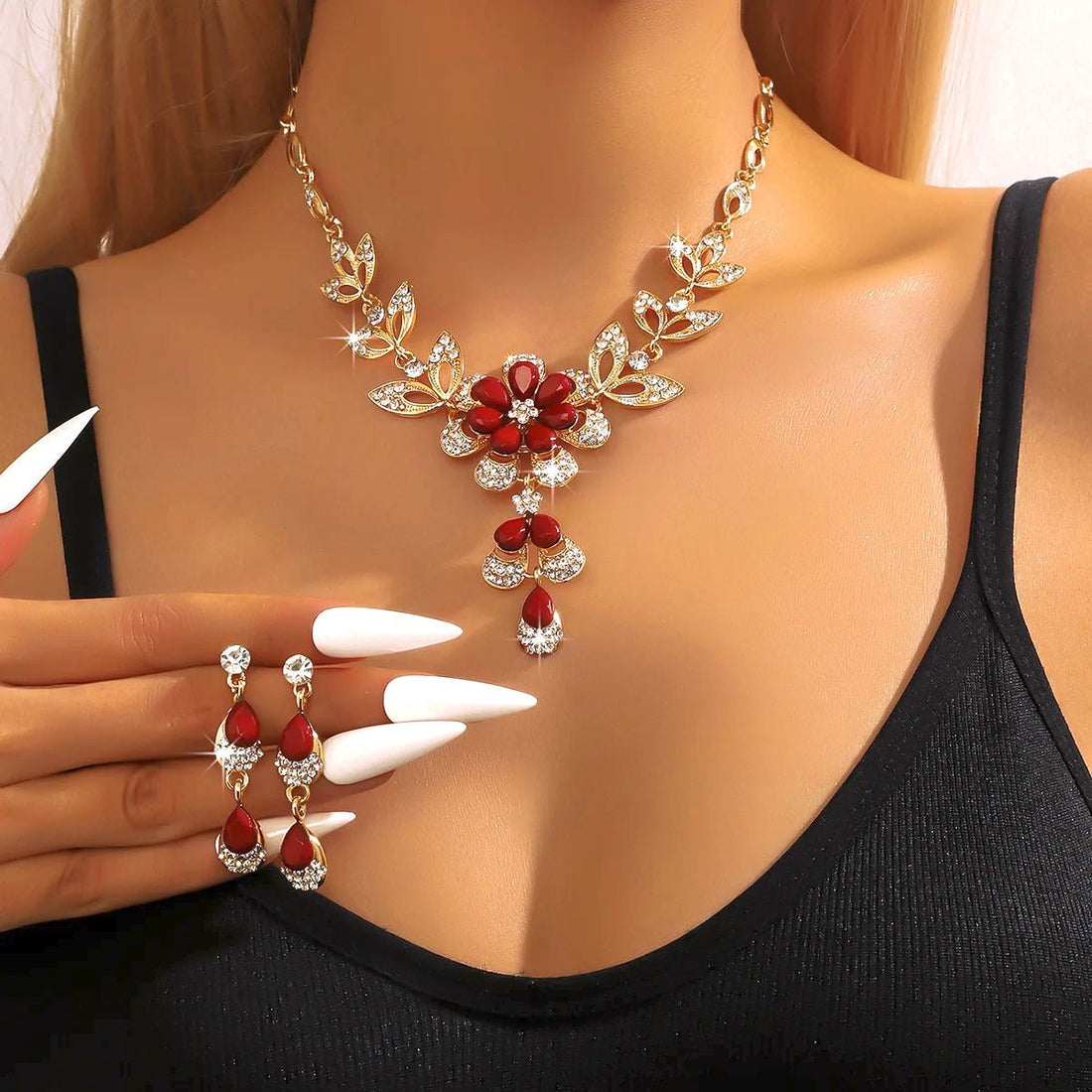 Zinnia Floral Diamond Necklace and Earring Set