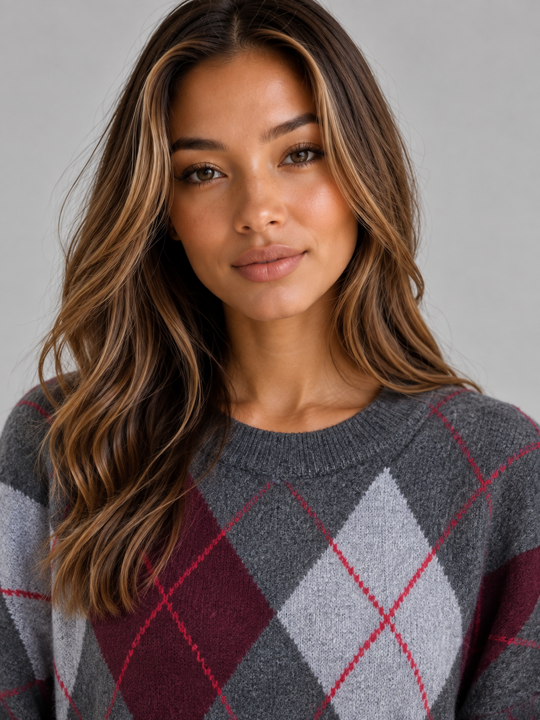 Woman wearing gray, white and burgundy argyle pattern crew neck knit sweater with long sleeves against gray background