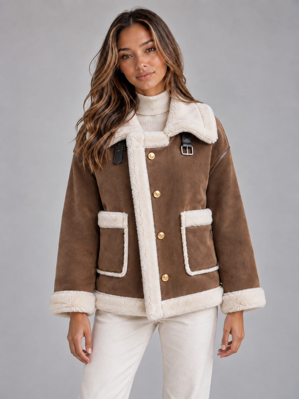 Woman wearing brown suede aviator jacket with cream faux shearling collar, cuffs, and lining, paired with cream turtleneck and white pants