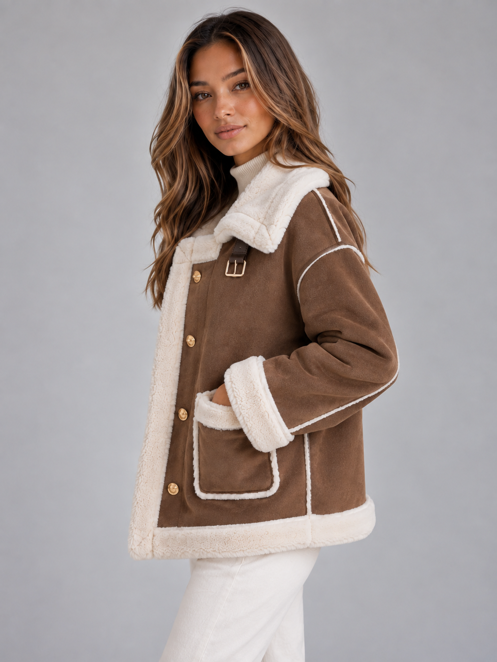 Woman wearing brown aviator style faux shearling suede jacket with cream sherpa lining and collar, paired with white turtleneck