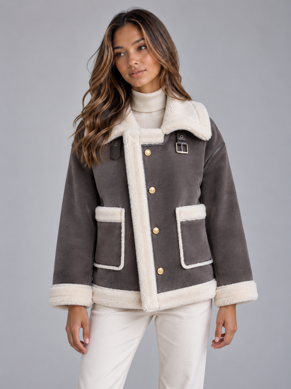 Woman wearing charcoal faux suede aviator jacket with cream shearling collar, cuffs, and pocket trim, styled with cream turtleneck and white pants