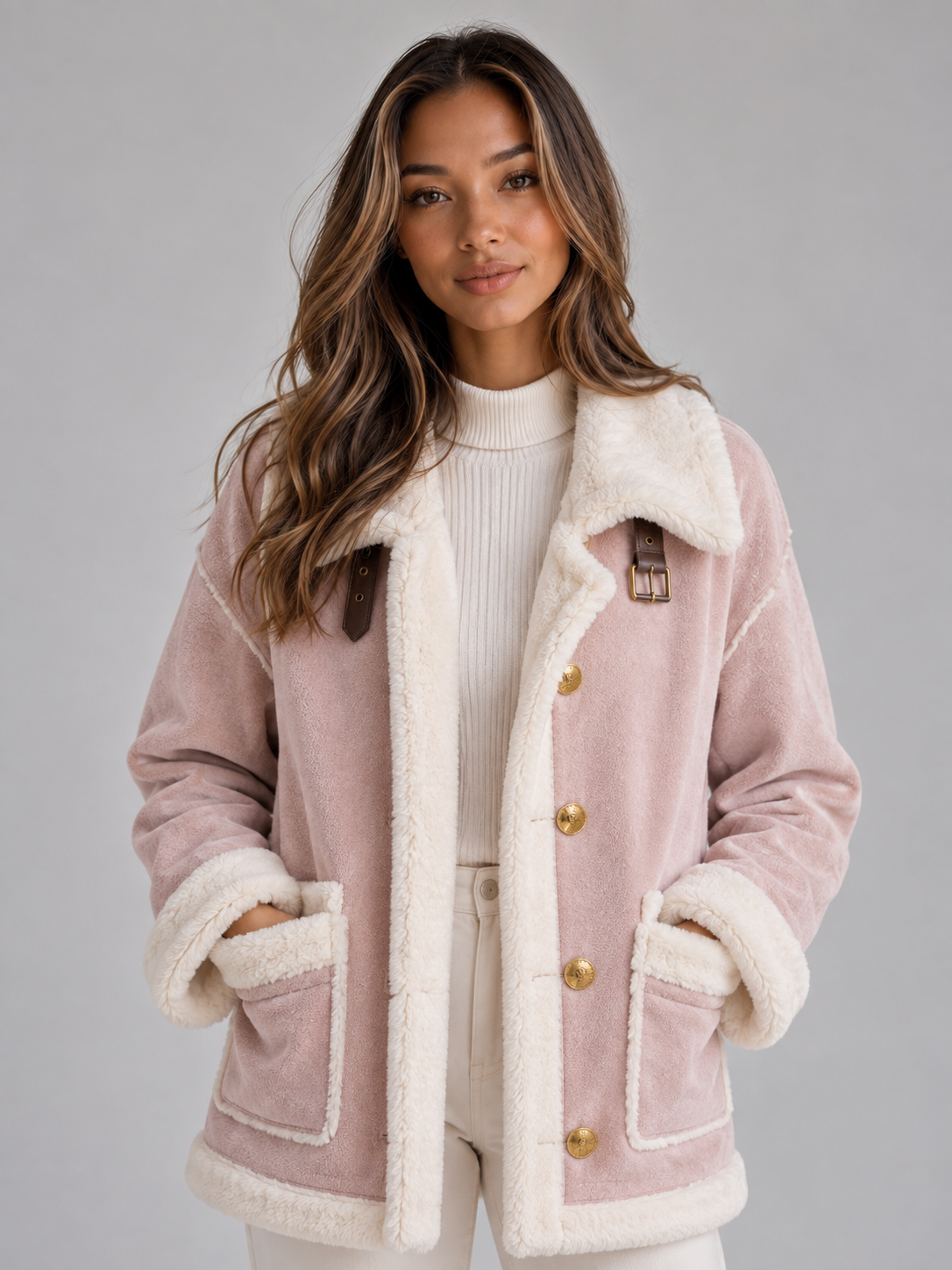 Woman wearing pink and cream faux shearling aviator jacket with white ribbed turtleneck and cream pants against gray background