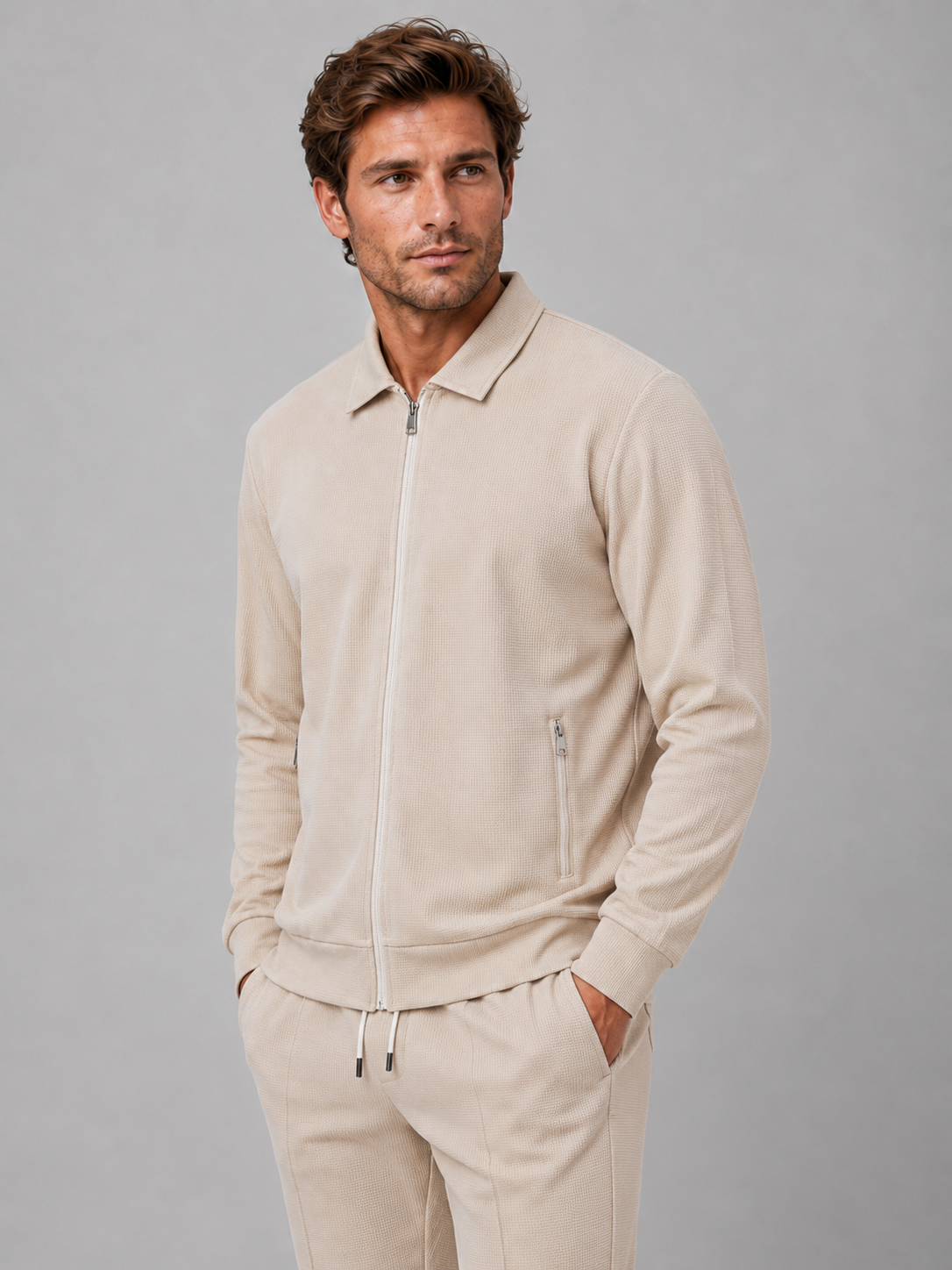 Man wearing beige textured zip jacket and matching trousers two-piece set, standing against gray background