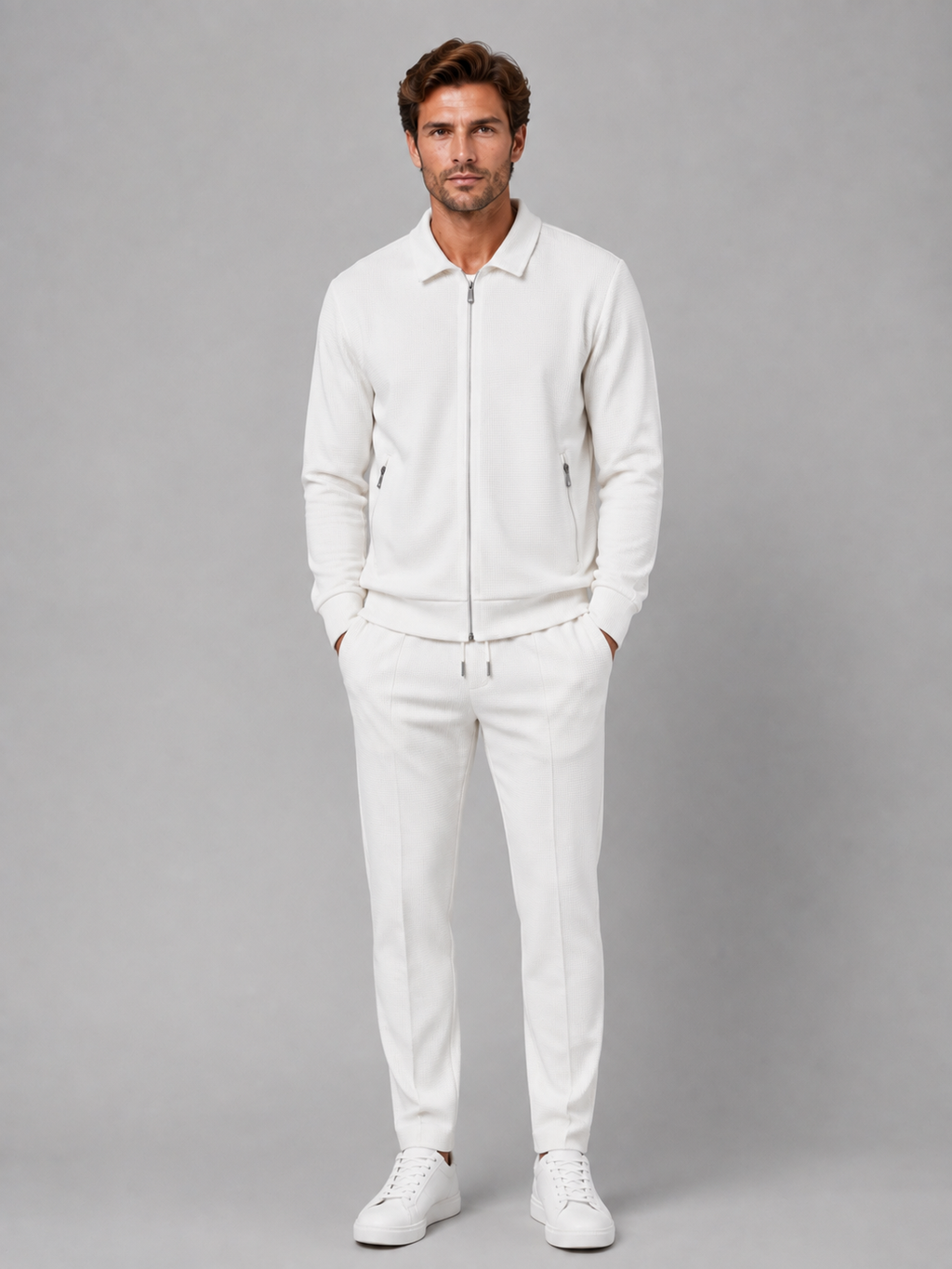 Man wearing white textured zip jacket and matching tapered trousers with white sneakers, full-length front view