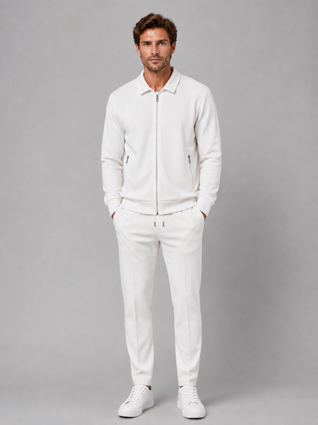 Man wearing white textured zip jacket and matching tapered trousers with white sneakers, full-length front view