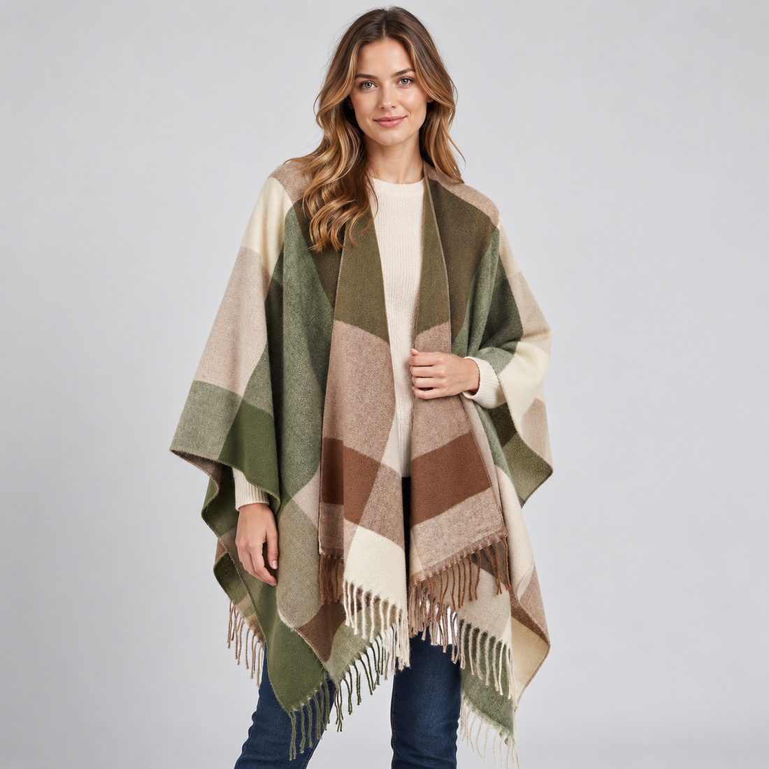 Woman wearing a green and beige color block poncho blanket cape with fringe over a cream ribbed sweater and dark jeans