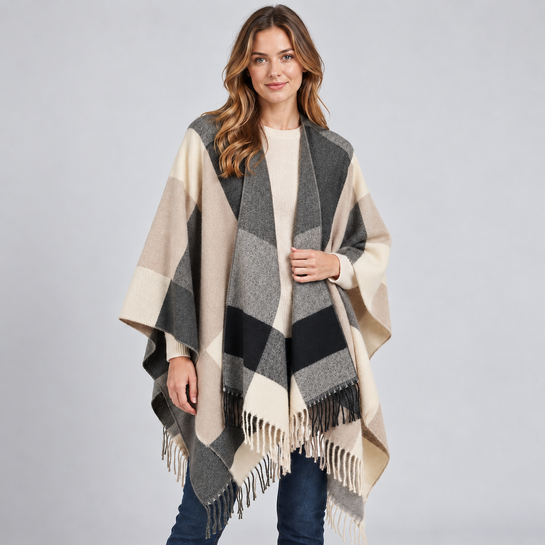 Woman wearing a grey, cream, and black colour block poncho blanket cape with fringe trim over a white ribbed sweater and jeans