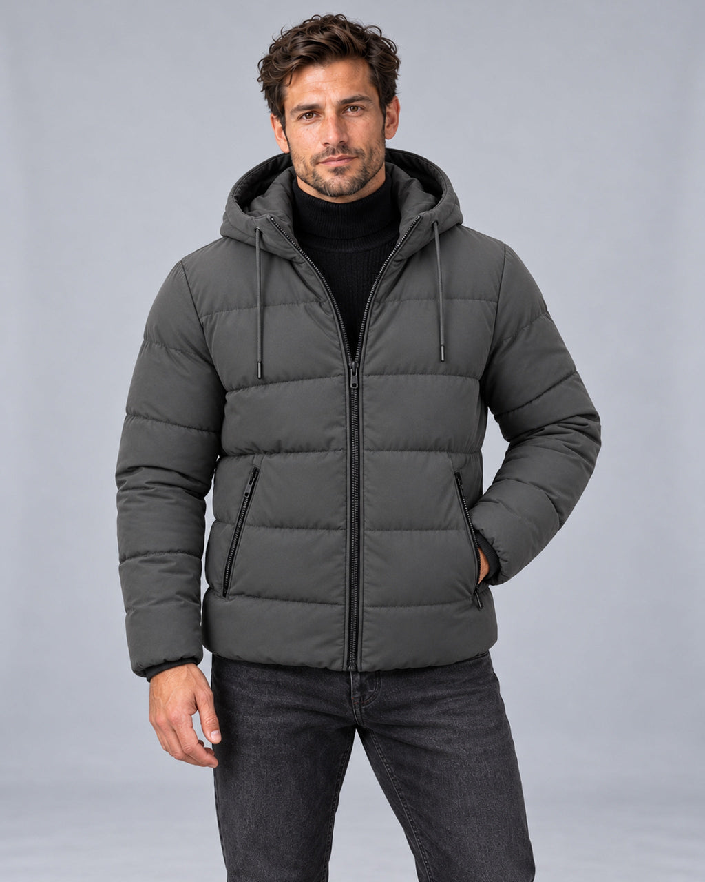 Gray hooded puffer jacket, Male Model A front