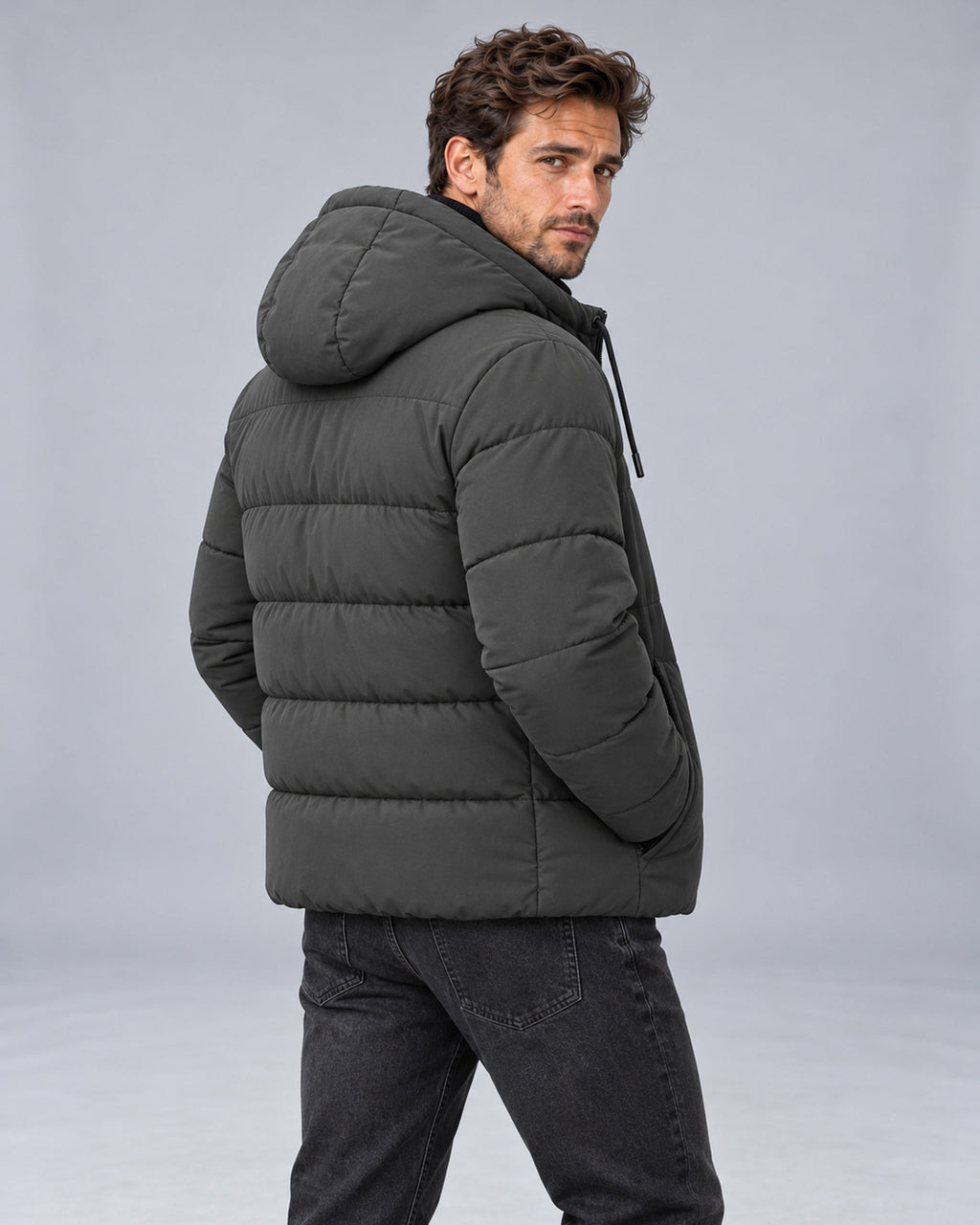 Gray hooded puffer jacket, Male Model A back