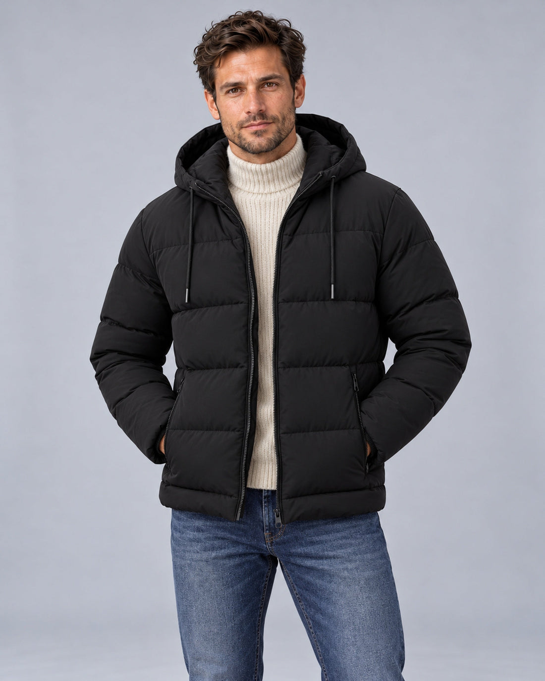 Black hooded puffer jacket, Male Model A