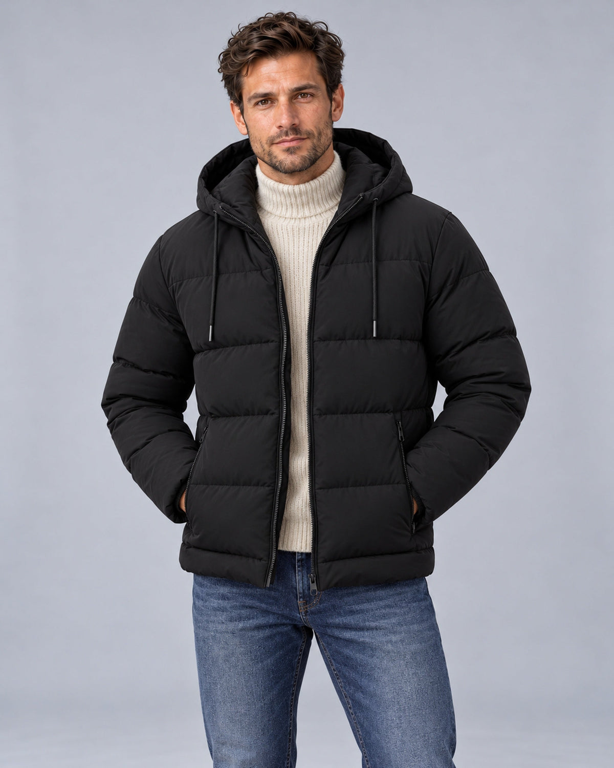 Black hooded puffer jacket, Male Model A