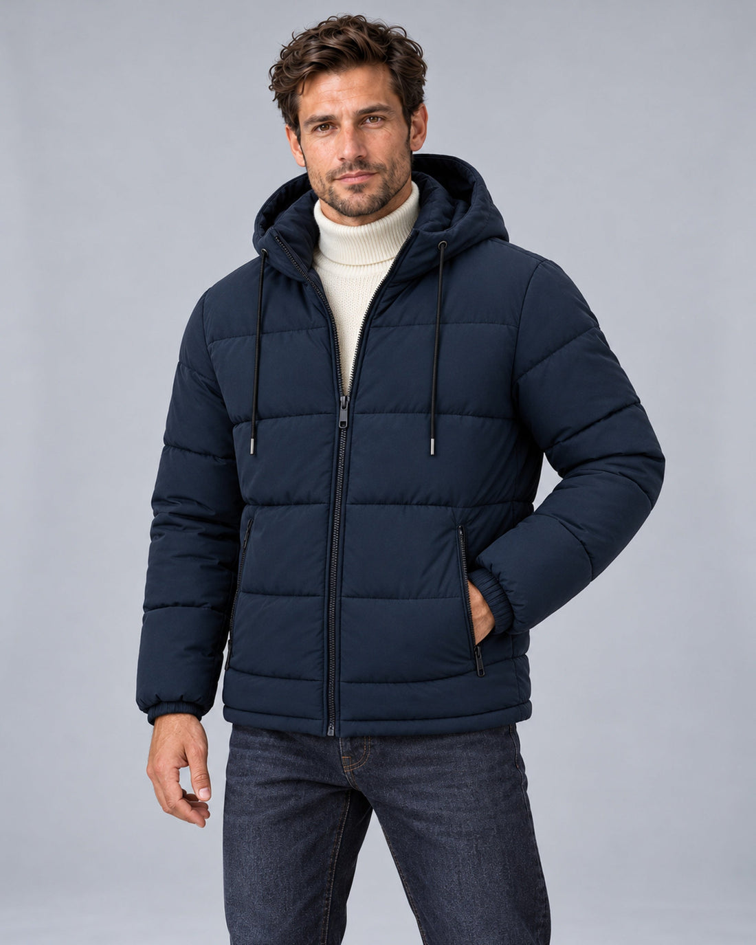 Blue hooded puffer jacket, Male Model A