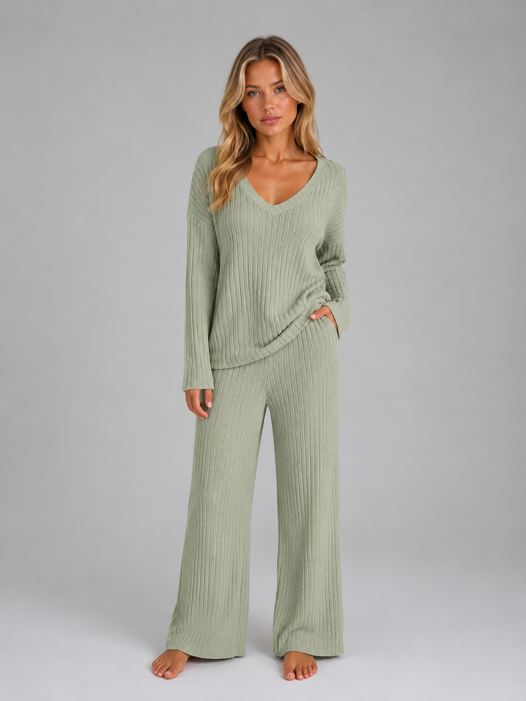 Woman wearing sage green ribbed knit v-neck jumper and matching wide leg trousers lounge set, barefoot against gray background