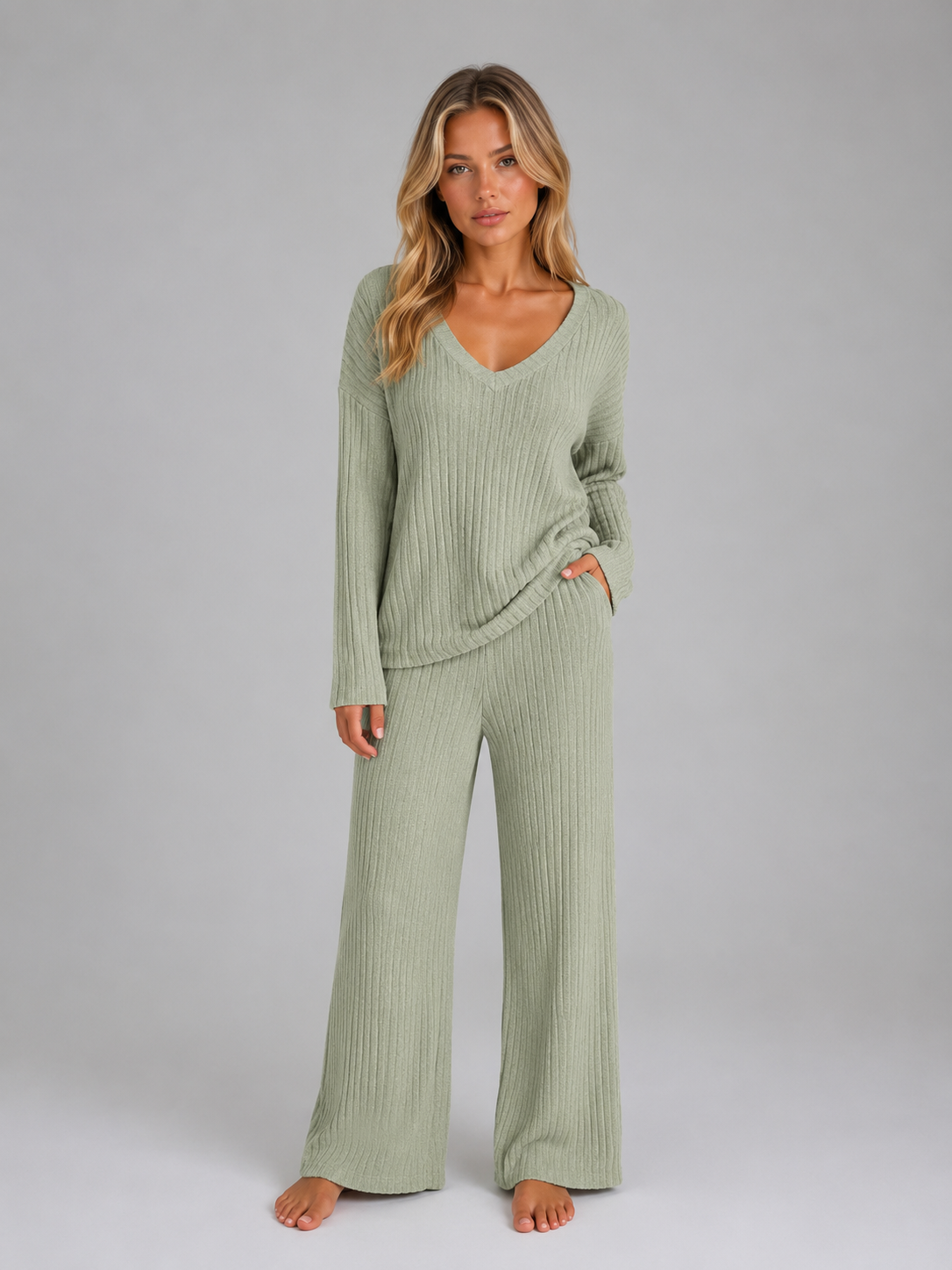 Woman wearing sage green ribbed knit v-neck jumper and matching wide leg trousers lounge set, barefoot against gray background