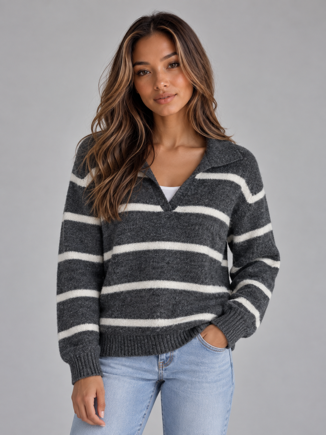 Woman wearing charcoal and cream striped collared v-neck wool sweater with long sleeves over white tank top and light blue jeans