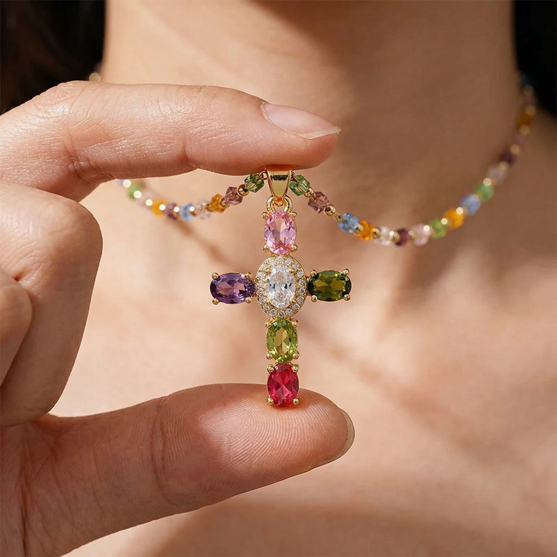 Chloe Dainty Gem Set Colorful Cross Necklace