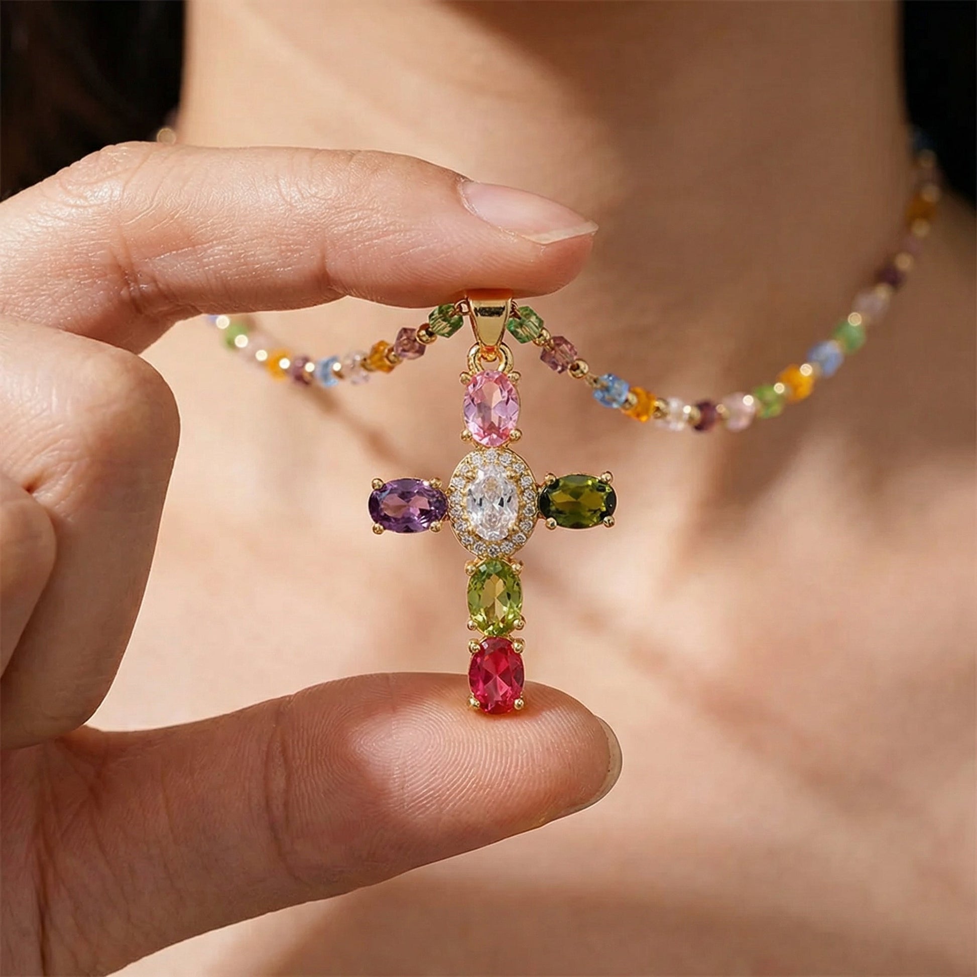 Chloe Dainty Gem Set Colorful Cross Necklace