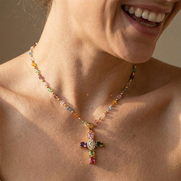 Chloe Dainty Gem Set Colorful Cross Necklace