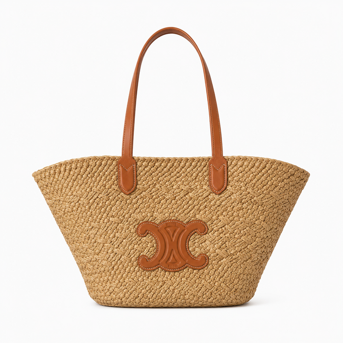 Selira | Straw Woven Tote Bag with Leather Handles and Emblem