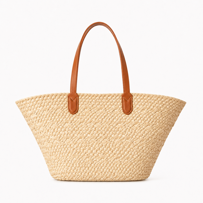 Selira | Straw Woven Tote Bag with Leather Handles and Emblem