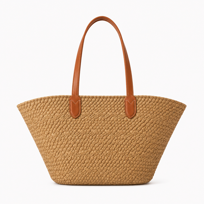 Selira | Straw Woven Tote Bag with Leather Handles and Emblem