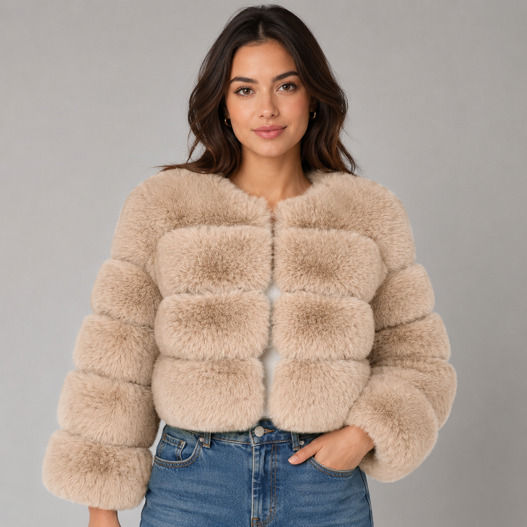 Woman wearing beige cropped fluffy faux fur jacket with blue jeans against gray background