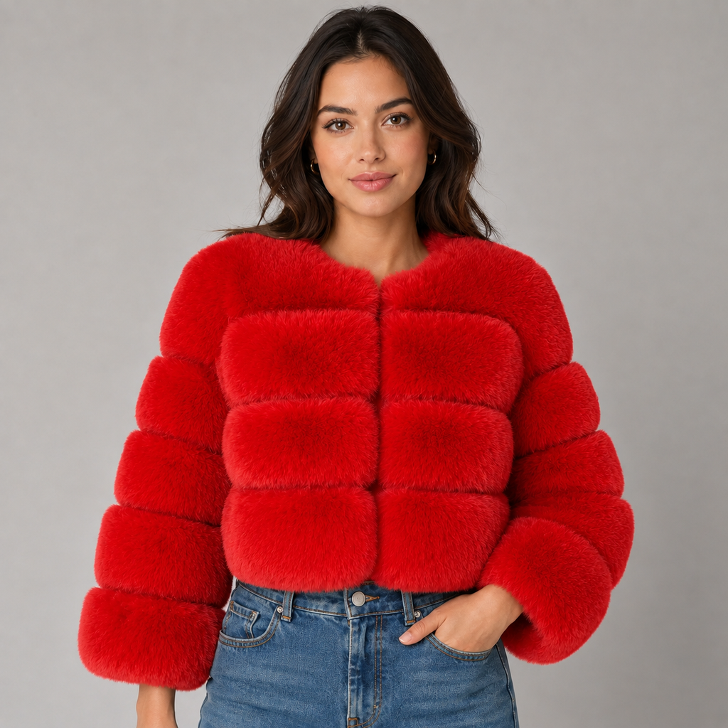 Woman wearing red cropped fluffy faux fur jacket with quilted pattern over blue jeans on gray background