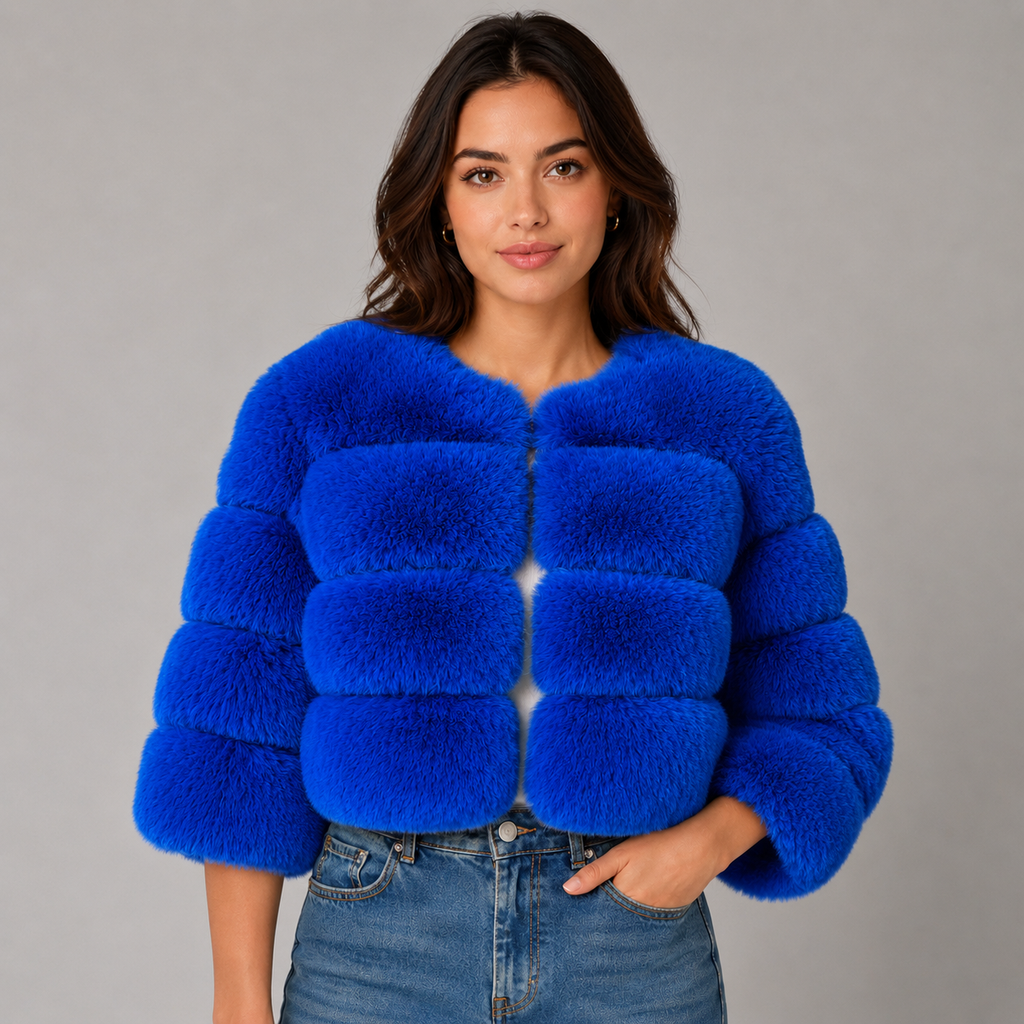 Woman wearing bright blue cropped fluffy faux fur jacket with denim jeans against gray background
