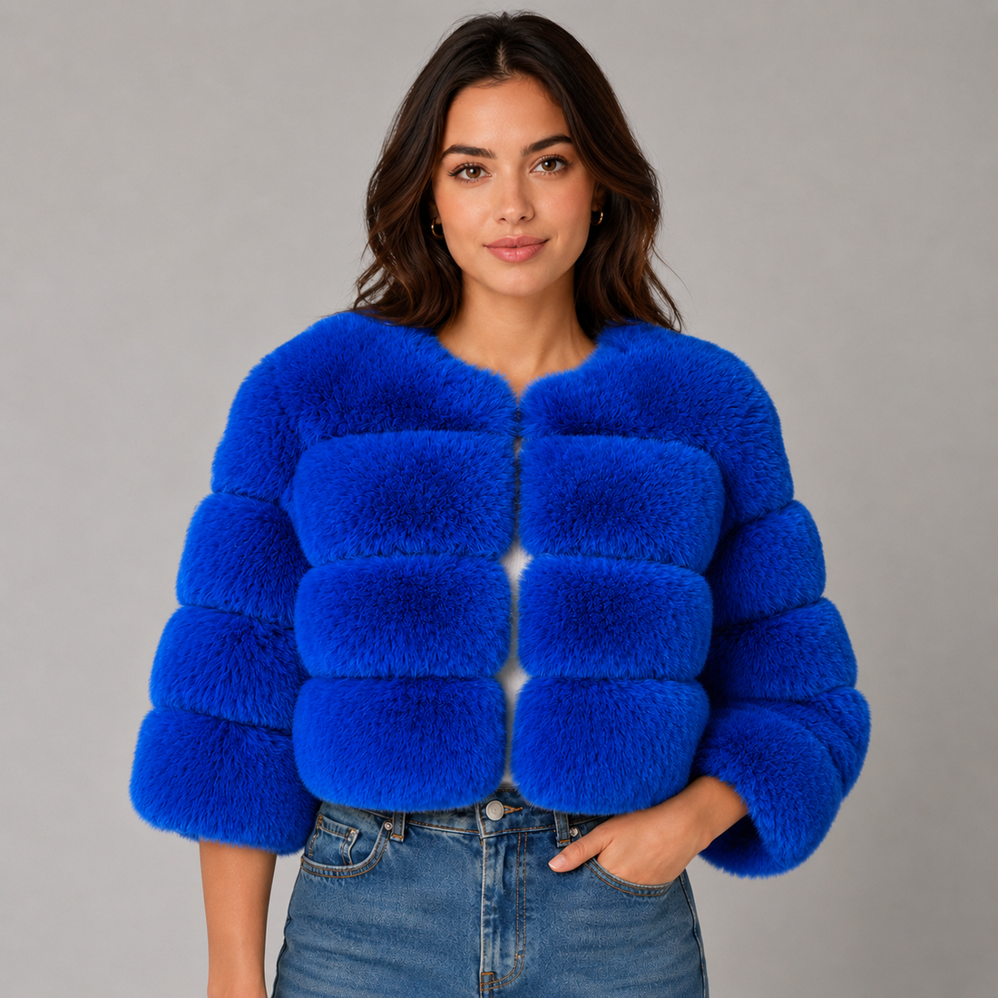 Woman wearing bright blue cropped fluffy faux fur jacket with denim jeans against gray background