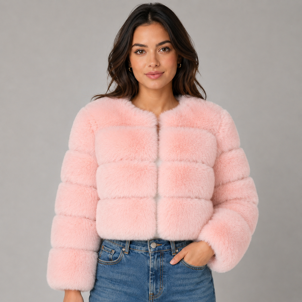 Woman wearing a pink cropped fluffy faux fur jacket over a blue denim skirt, standing against a gray background