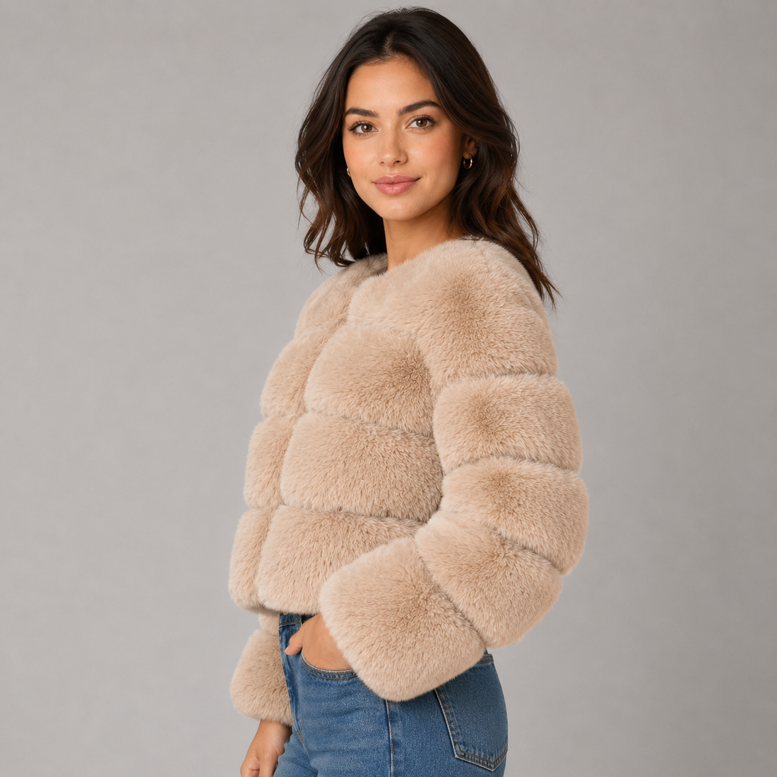 Woman wearing beige cropped fluffy faux fur jacket with blue jeans, posed against gray background