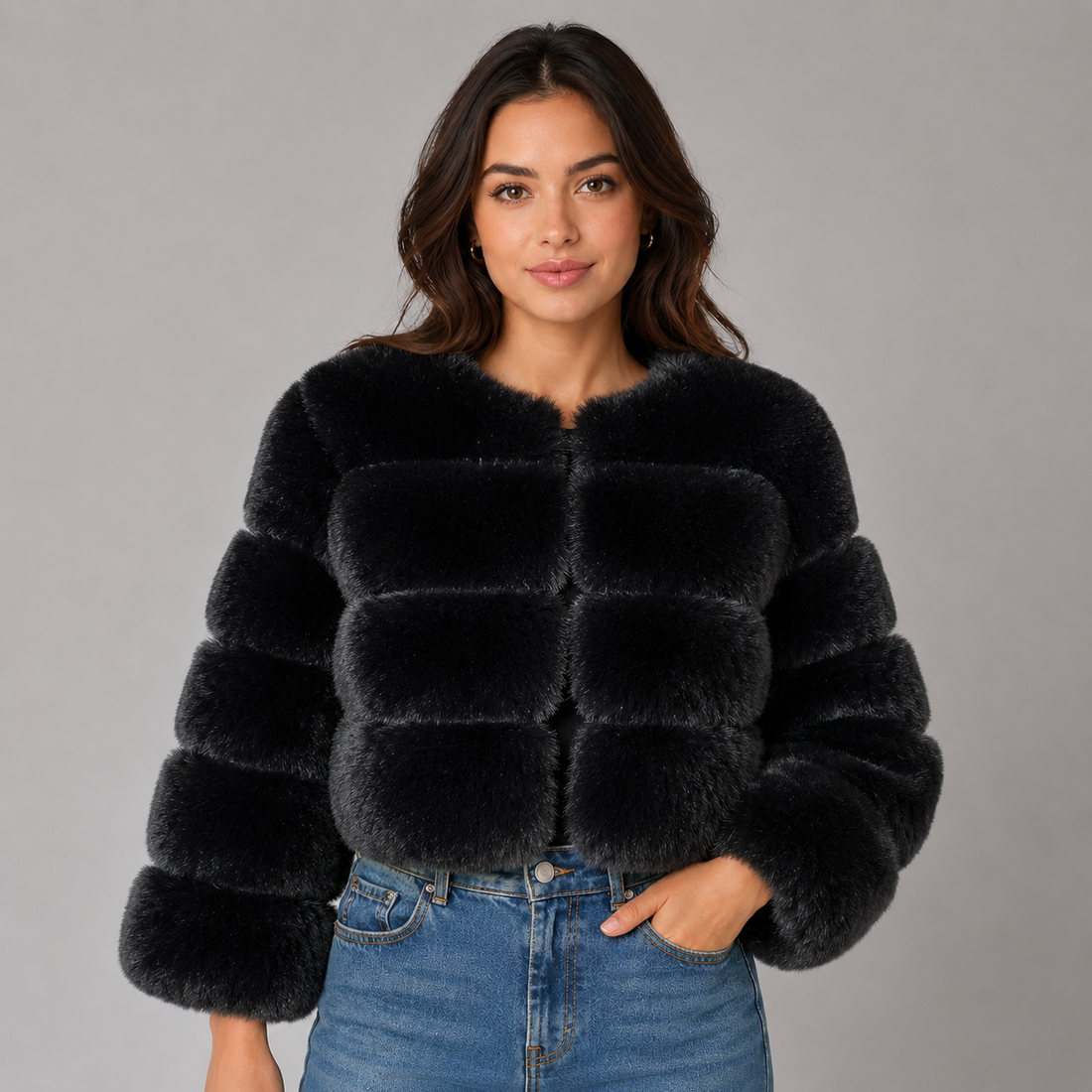 Woman wearing black cropped fluffy faux fur jacket with blue jeans, standing against neutral background
