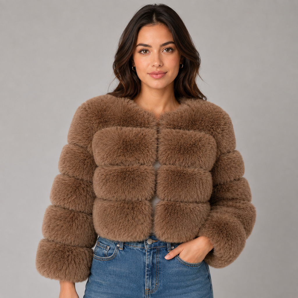 Woman wearing a cropped fluffy faux fur jacket in caramel brown over blue jeans, standing against a gray background