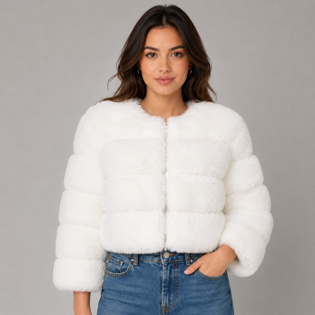 Woman wearing white cropped fluffy faux fur jacket with blue jeans against gray background