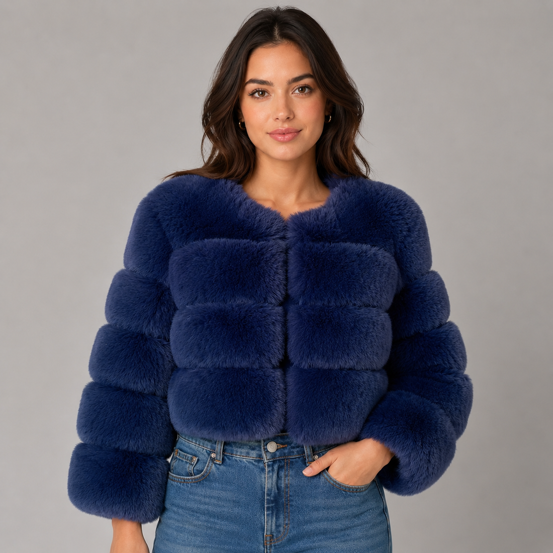 Woman wearing navy blue cropped fluffy faux fur jacket over denim jeans, standing against gray background