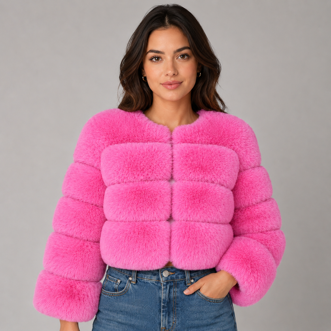 Woman wearing bright pink cropped fluffy faux fur jacket over blue jeans, gray background