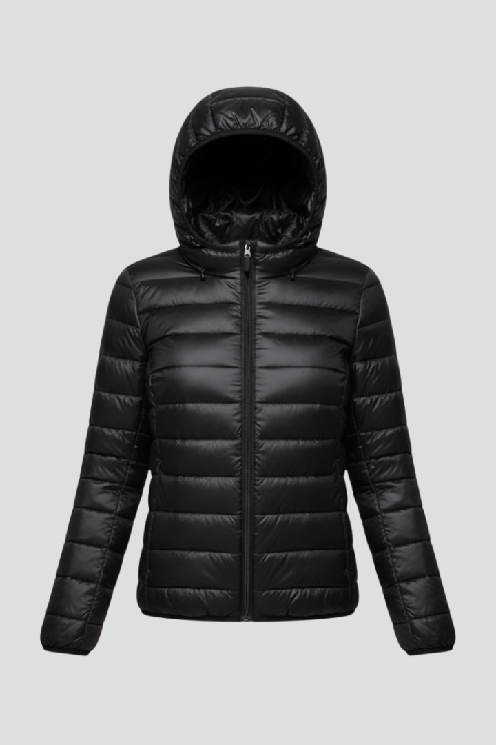 Black quilted women's hooded jacket with horizontal stitching, full-length sleeves, and central zip fastening displayed on gray background