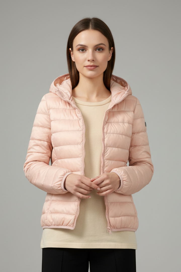 Woman wearing pink quilted hooded zip jacket over cream long-sleeve shirt and black pants