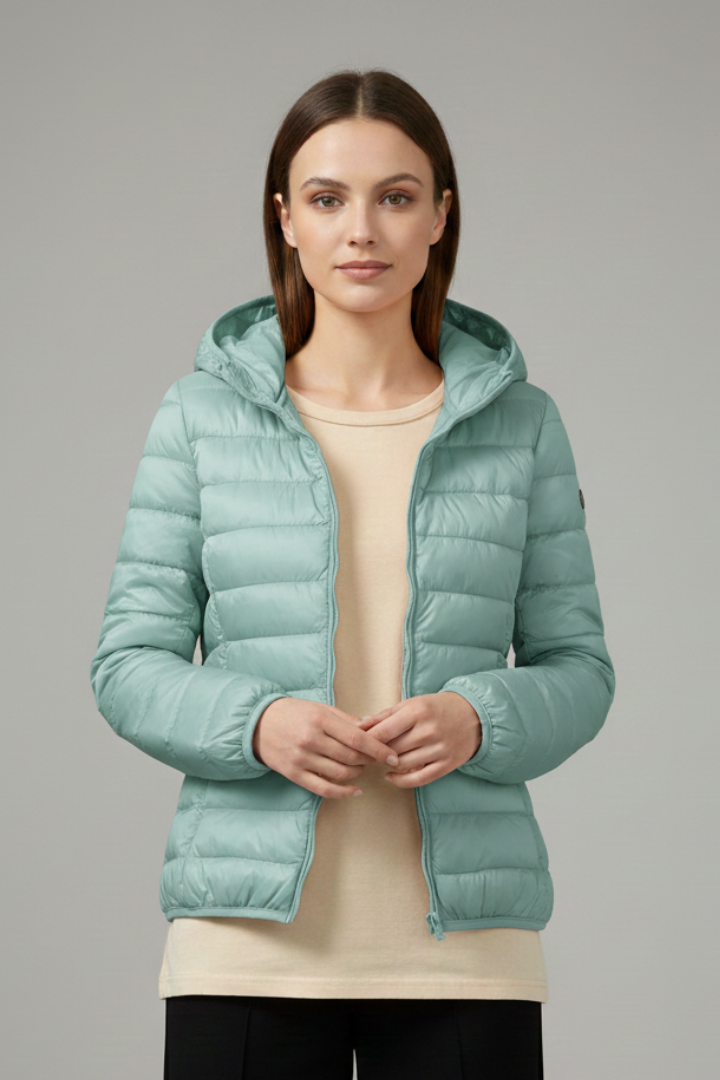 Woman wearing mint green quilted hooded zip jacket over cream shirt with black pants against neutral background