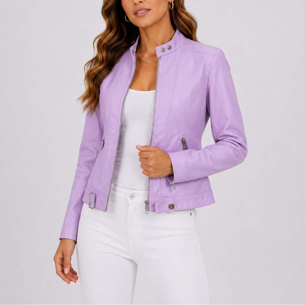 Iris Women's Leather Jacket in Lavender with Zip Pockets and Snap Collar