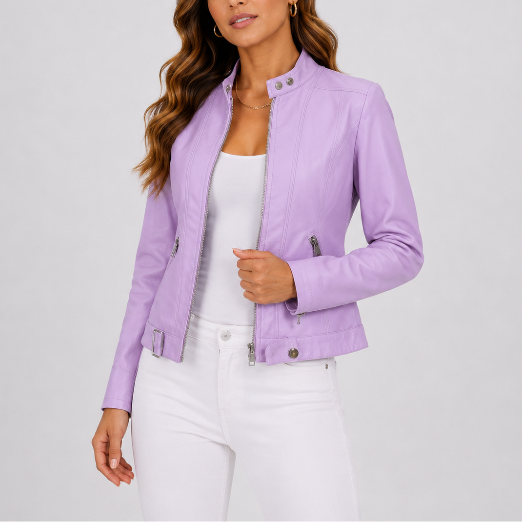 Iris Women's Leather Jacket in Lavender with Zip Pockets and Snap Collar